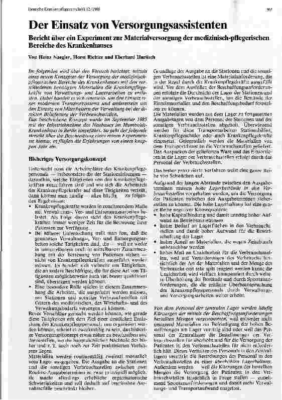 Vorschauseite 1: Der Einsatz von Versorgungsassistenten Bericht über ein Experiment zur Materialversorgung der medizinisch-pflegerischen Bereiche des Krankenhauses