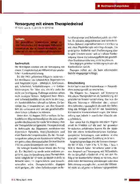 Vorschauseite 1: Versorgung mit einem Therapiedreirad SG Stadevom 9.11.2015 {S 29 KR 5/14)
