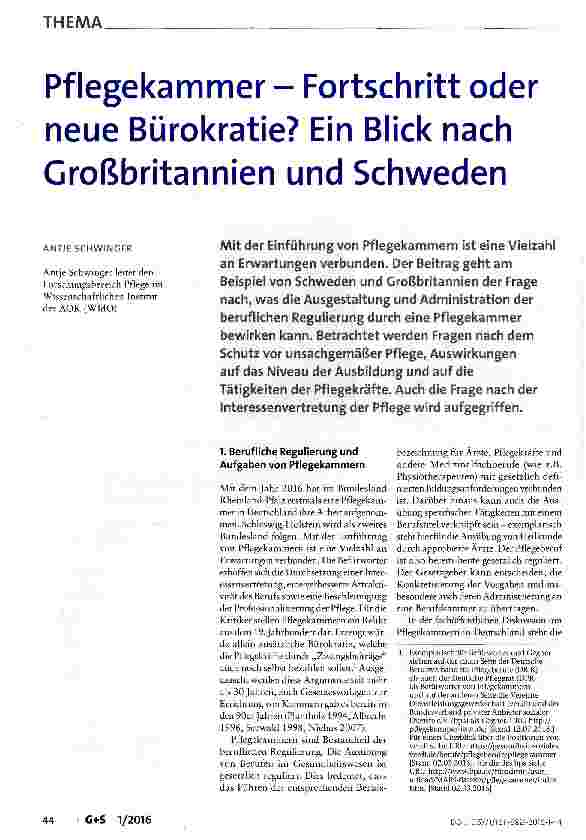 Vorschauseite 1: Pflegekammer Fortschritt oder neue Bürokratie? Ein Blick nach Großbritannien und Schweden