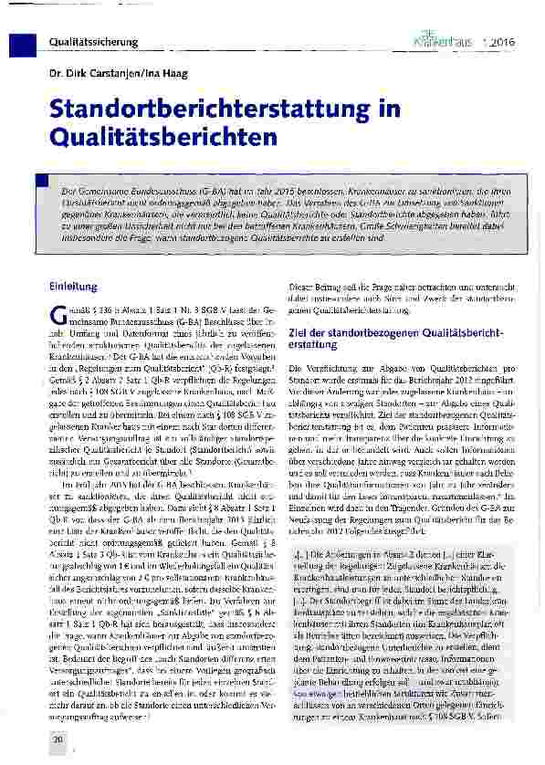 Vorschauseite 1: Standortberichterstattung in Qualitätsberichten