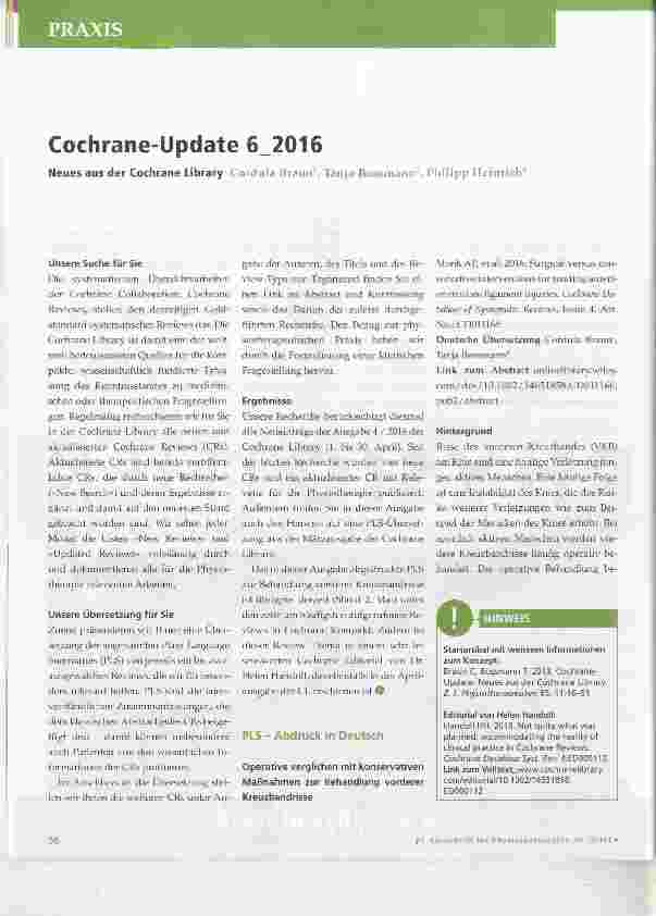 Vorschauseite 1: Cochrane-Update 6_2016 Neues aus der Cochrane Library