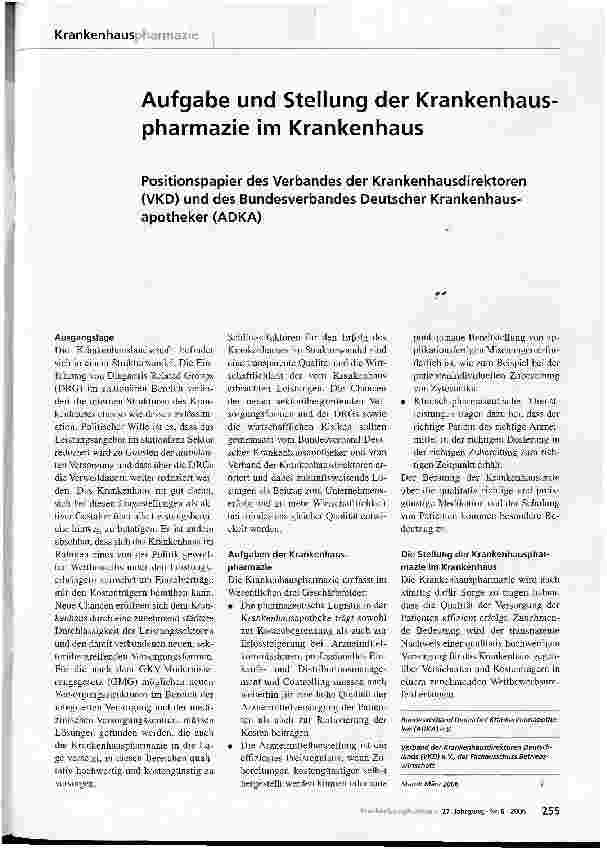 Vorschauseite 1: Aufgabe und Stellung der Krankenhaus pharmazie im Krankenhaus Positionspapier des Verbandes der Krankenhausdirektoren (VKD) und des Bundesverbandes Deutscher Krankenhausapotheker…