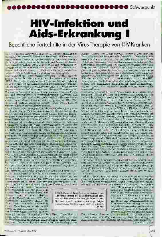 Vorschauseite 1: HIV-Infektion und Aids-Erkrankung 1 Beachtliche Fortschritte in der Virus-Therapie von HIV-Kranken