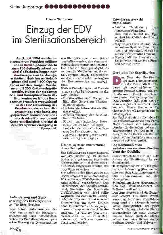 Vorschauseite 1: Einzug der EDV im Sterilisationsbereich