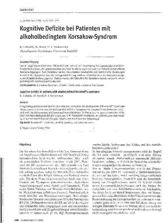 Vorschauseite 1: Kognitive Defizite bei Patienten mit alkoholbedingtem Korsakow-Syndrom
