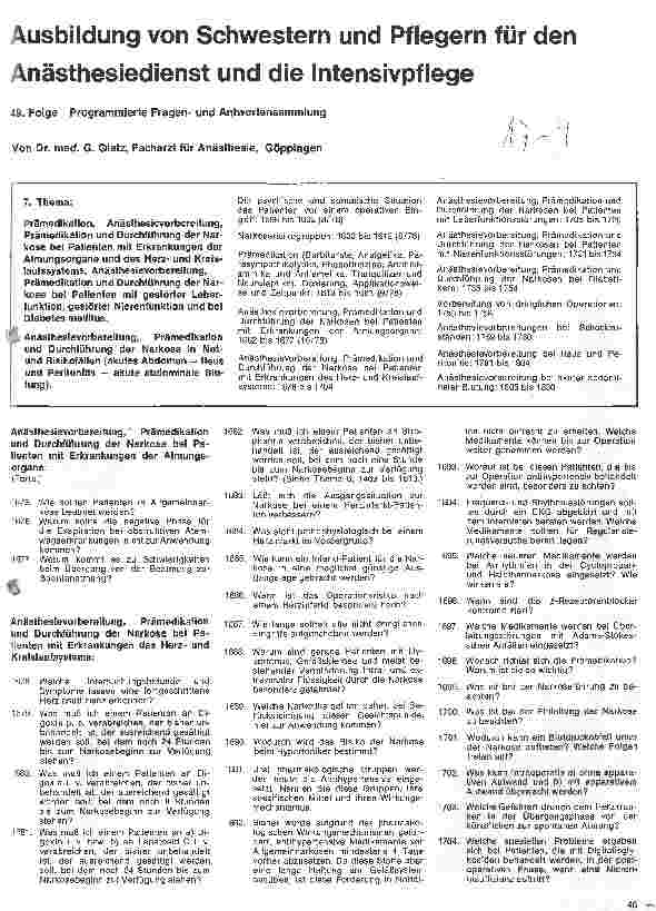 Vorschauseite 1: Ausbildung von Schwestern und Pflegern für den Anästhesiedienst u. die Intensivpflege // 49. Folge: Programmierte Fragenu. Antwortsammlung
