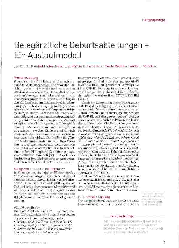 Vorschauseite 1: Belegärztliche Geburtsabteilungen -Ein Auslaufmodell