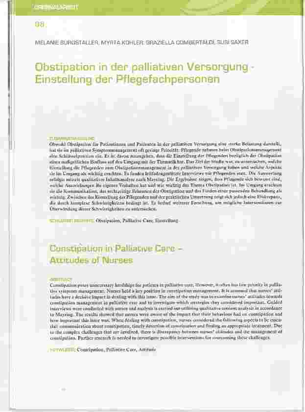 Vorschauseite 1: Obstipation in der palliativen Versorgung Einstellung der Pflegefachpersonen