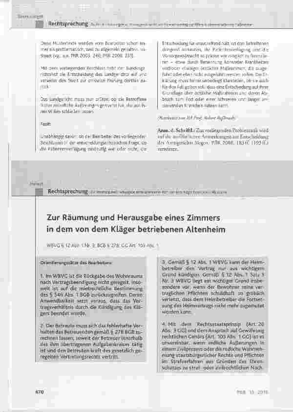Vorschauseite 1: Zur Räumung und Herausgabe eines Zimmers in dem von dem Kläger betriebenen Altenheim