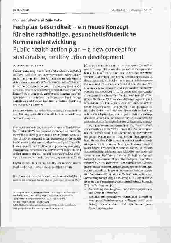 Vorschauseite 1: Fachplan Gesundheit ein neues Konzept für eine nachhaltige, gesundheitsförderliche Kommunalentwicklung