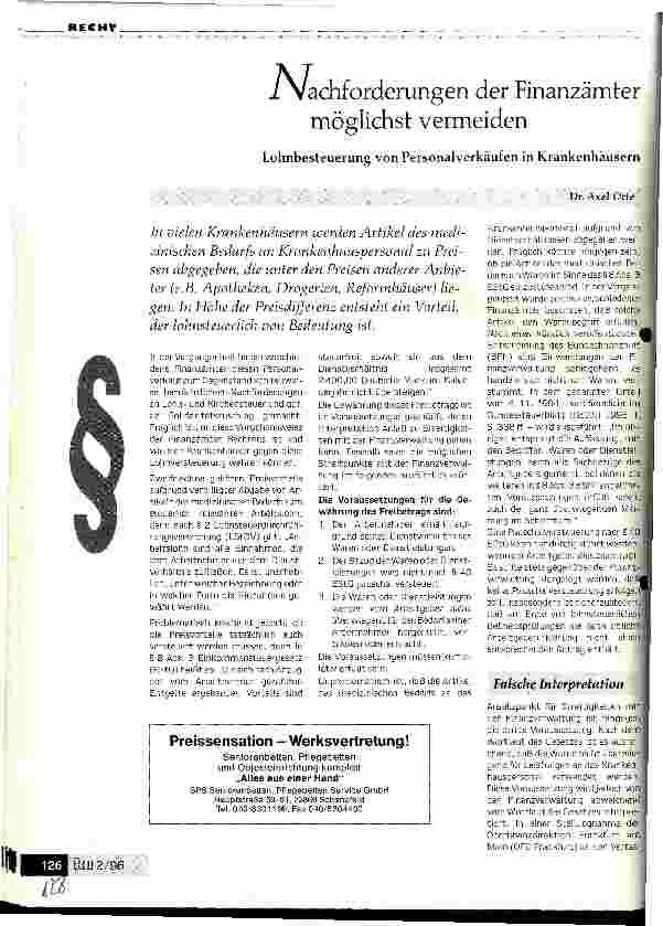 Vorschauseite 1: Nachforderungen der Finanzämter möglichst vermeiden Lohnbesteuerung von Personalverkäufen in Krankenhäusern