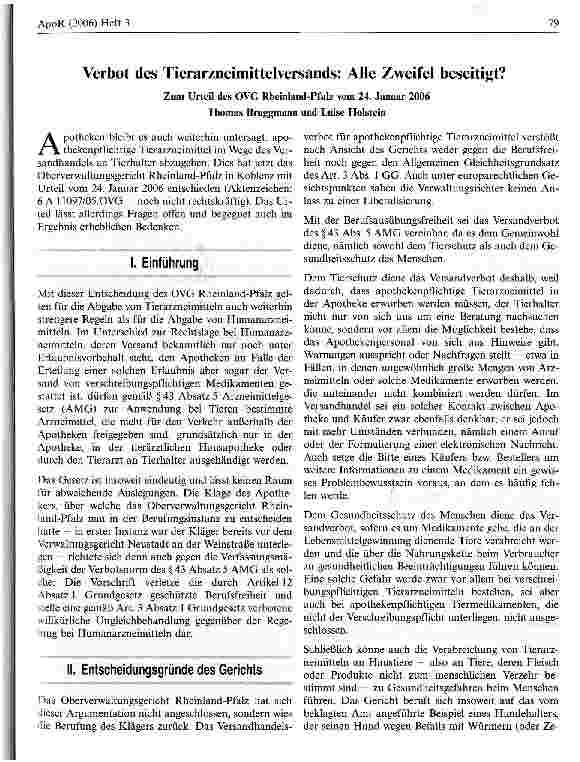 Vorschauseite 1: Verbot des Tierarzneimittelversands: Alle Zweifel beseitigt? Zum Urteil des OVG Rheinland-Pfalz vom 24. Januar 2006