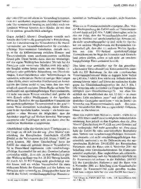 Vorschauseite 2: Verbot des Tierarzneimittelversands: Alle Zweifel beseitigt? Zum Urteil des OVG Rheinland-Pfalz vom 24. Januar 2006