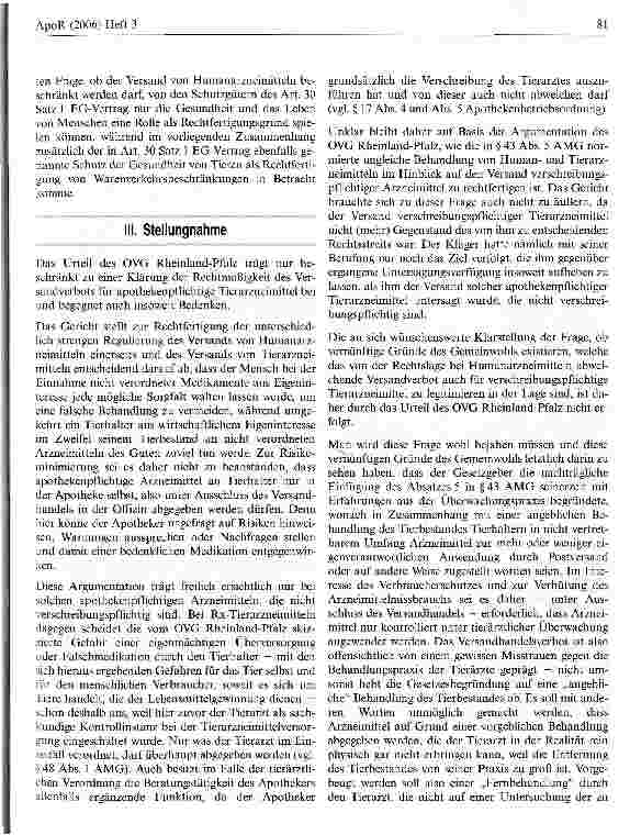 Vorschauseite 3: Verbot des Tierarzneimittelversands: Alle Zweifel beseitigt? Zum Urteil des OVG Rheinland-Pfalz vom 24. Januar 2006