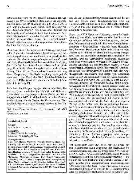 Vorschauseite 4: Verbot des Tierarzneimittelversands: Alle Zweifel beseitigt? Zum Urteil des OVG Rheinland-Pfalz vom 24. Januar 2006