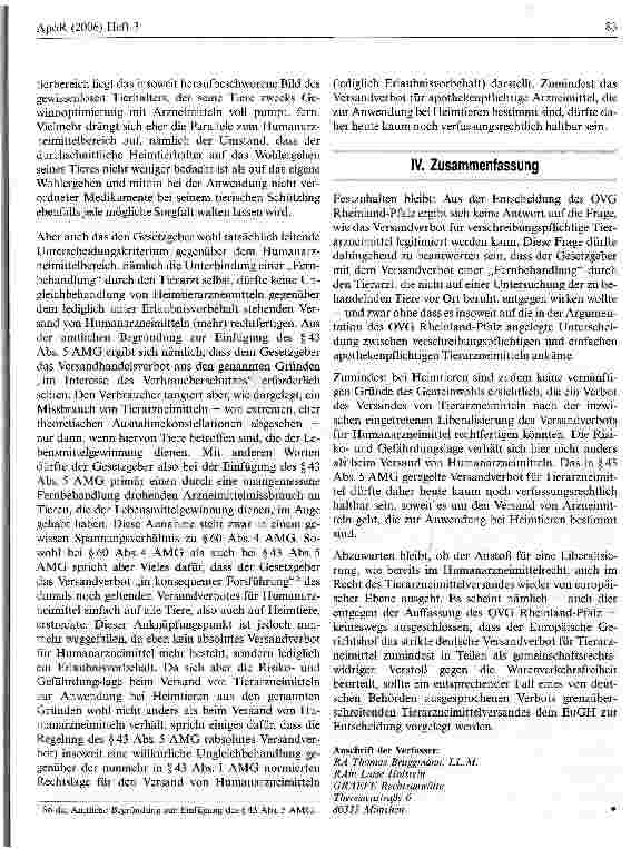 Vorschauseite 5: Verbot des Tierarzneimittelversands: Alle Zweifel beseitigt? Zum Urteil des OVG Rheinland-Pfalz vom 24. Januar 2006