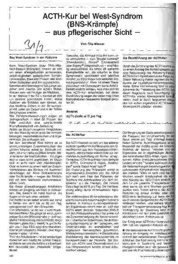 Vorschauseite 1: ACTH-Kur bei West-Syndrom (BNS-Krämpfe) - aus pflegerischer Sicht