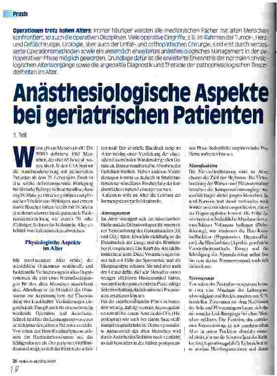 Vorschauseite 1: Anästhesiologische Aspekte bei geriatrischen Patienten 1. Teil Operation trotz hohen Alters