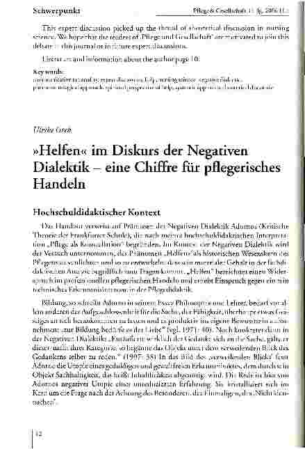 Vorschauseite 1: Helfen im Diskurs der Negativen Dialektik - eine Chiffre für pflegerisches Handeln