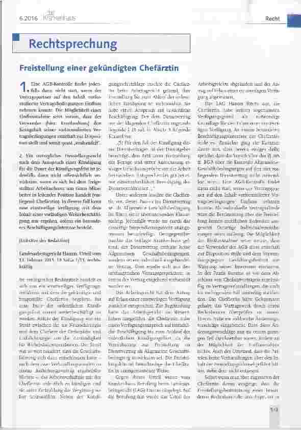 Vorschauseite 1: Freistellung einer gekündigten Chefärztin