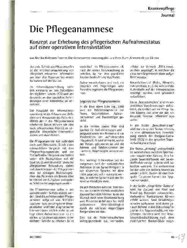 Vorschauseite 1: Die Pflegeanamnese Konzept zur Erhebung des pflegerischen Aufnahmestatus auf einer operativen Intensivstation