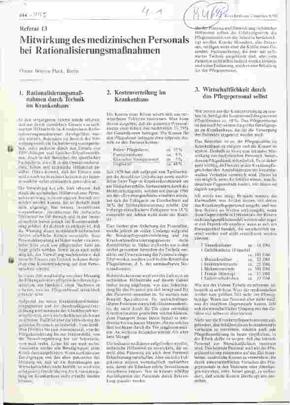Vorschauseite 1: Mitwirkung des medizinischen Personals bei Rationalisierungsmaßnamen