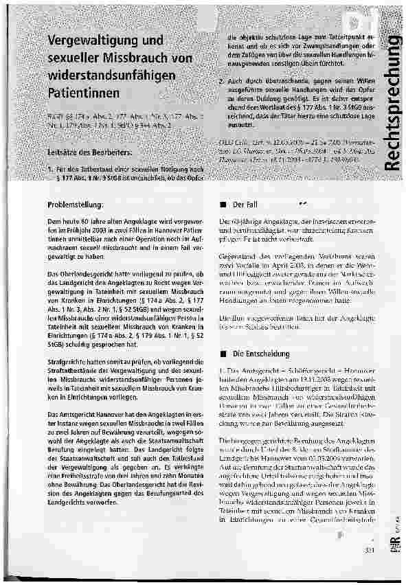Vorschauseite 1: Vergewaltigung und sexueller Missbrauch von widerstandsunfähigen Patientinnen