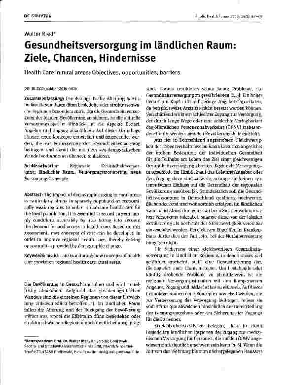 Vorschauseite 1: Gesundheitsversorgung im ländlichen Raum Ziele, Chancen, Hindernisse
