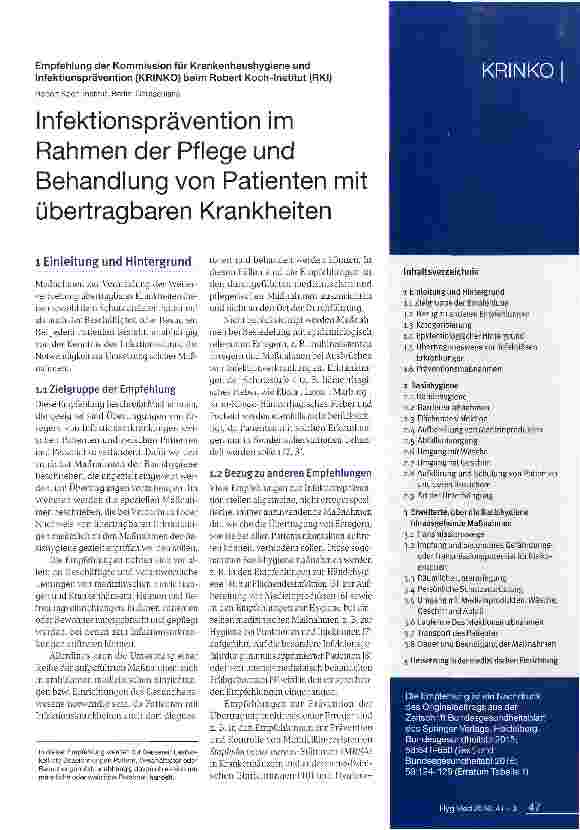 Vorschauseite 1: Infektionsprävention im Rahmen der Pflege und Behandlung von Patienten mit übertragbaren Krankheiten