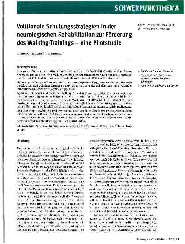 Vorschauseite 1: Volitionale Schulungsstrategien in der neurologischen Rehabilitation zur Förderung des Walking-Trainings - eine Pilotstudie