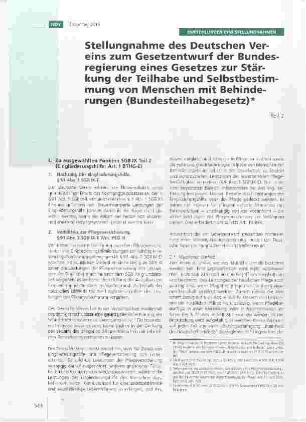 Vorschauseite 1: Stellungnahme des Deutschen Vereins zum Gesetzentwurf der Bundesregierung eines Gesetzes zur Stärkung der Teilhabe und Selbstbestimmung von Menschen mit Behinderungen (Bundesteilh…