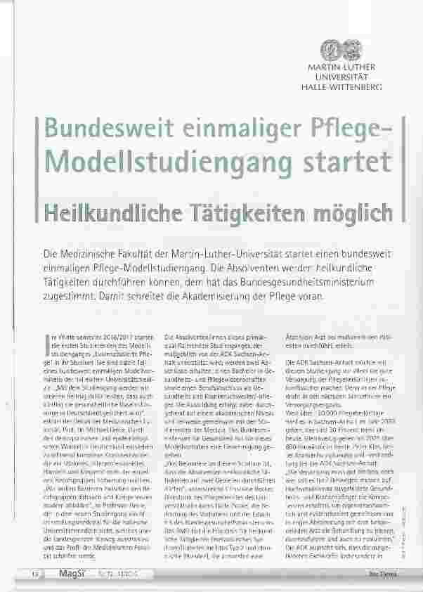 Vorschauseite 1: Bundesweit einmaliger Pflege-Modellstudiengang startet Heilkundliche Tätigkeiten möglich