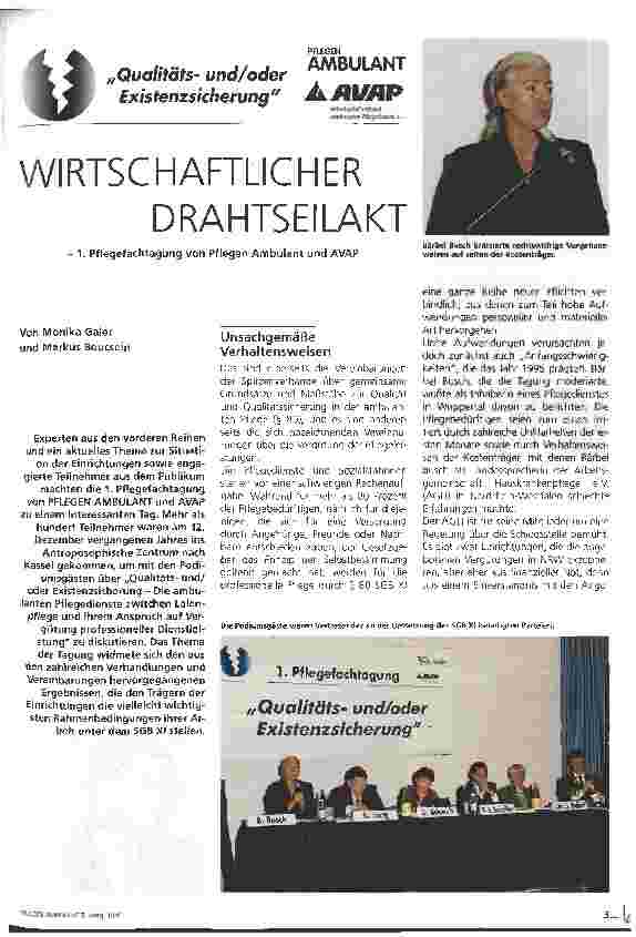 Vorschauseite 1: Wirtschaftlicher Drahtseilakt 1. Pflegetagung von Pflegen Ambulant und AVAP