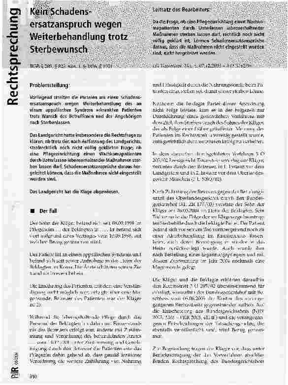 Vorschauseite 1: Kein Schadensersatzanspruch wegen Weiterbehandlung trotz Sterbewunsch