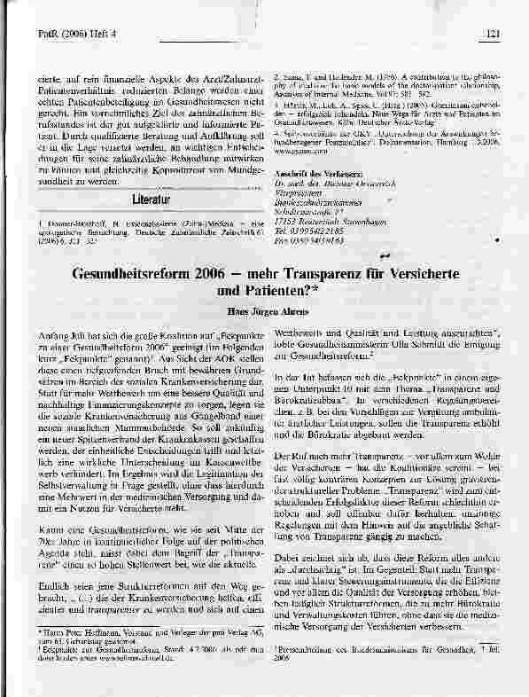 Vorschauseite 1: Gesundheitsreform 2006 - mehr Transparenz für Versicherteund Patienten? *