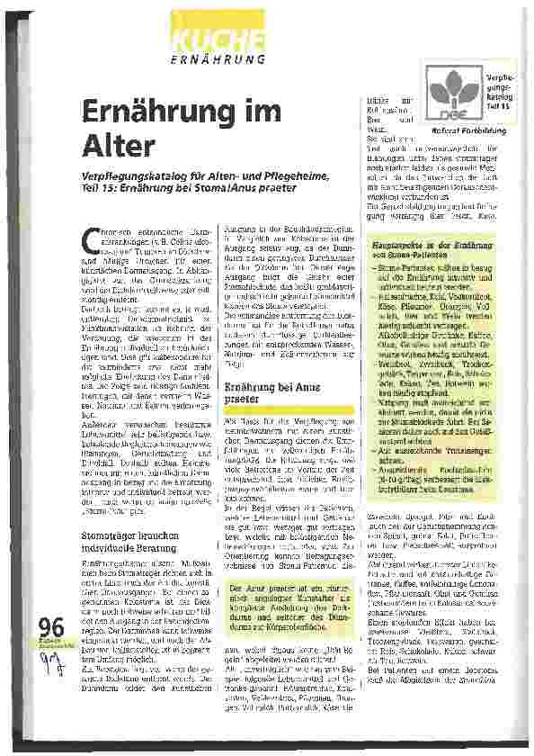 Vorschauseite 1: Ernährung im Alter - Verpflegungskatalog für Altenund Pflegeheime Teil 15: Ernährung bei Stoma/Anus praeter