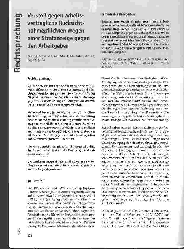Vorschauseite 1: Verstoß gegen arbeitsvertragliche Rücksichtnahmepflichten wegen einer Strafanzeige gegen den Arbeitgeber