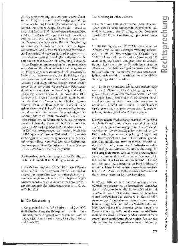 Vorschauseite 4: Verstoß gegen arbeitsvertragliche Rücksichtnahmepflichten wegen einer Strafanzeige gegen den Arbeitgeber