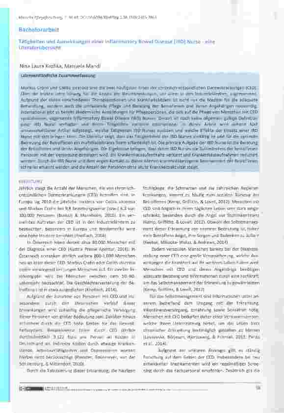 Vorschauseite 1: Tätigkeiten und Auswirkungen einer Inflammatory Bowel Disease (IBD) Nurse eine Literaturübersicht