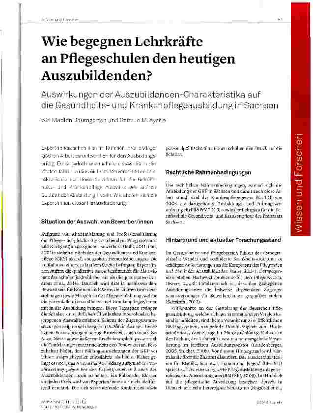 Vorschauseite 1: Wie begegnen Lehrkräfte an Pflegeschulen den heutigen Auszubildenden? Auswirkungen der AuszubiLdenden-Charakteristika auf die Gesundheitsund Krankenpflegeausbildung in Sachsen