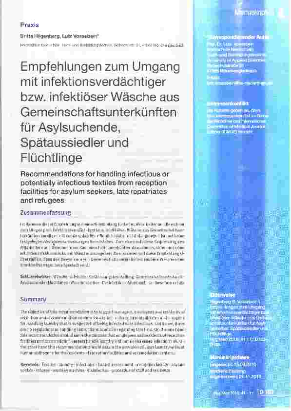 Vorschauseite 1: Empfehlungen zum Umgang mit infektionsverdächtiger bzw. infektiöser Wäsche aus Gemeinschaftsunterkünften für Asylsuchende, Spätaussiedler und Flüchtlinge