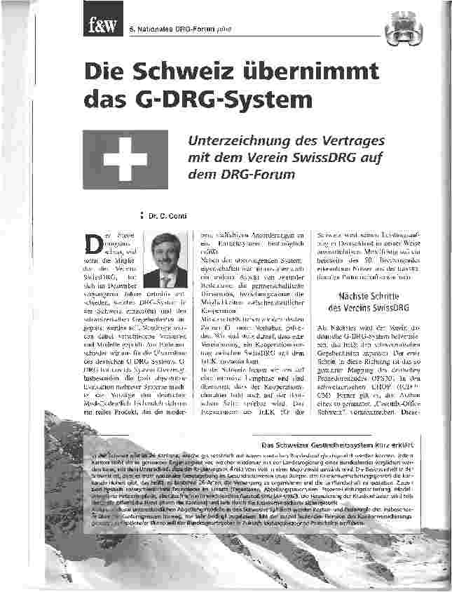 Vorschauseite 1: Die Schweiz übernimmt das G-DRG-SystemUnterzeichnung des Vertrages mit dem Verein SwissDRG auf dem DRG-Forum