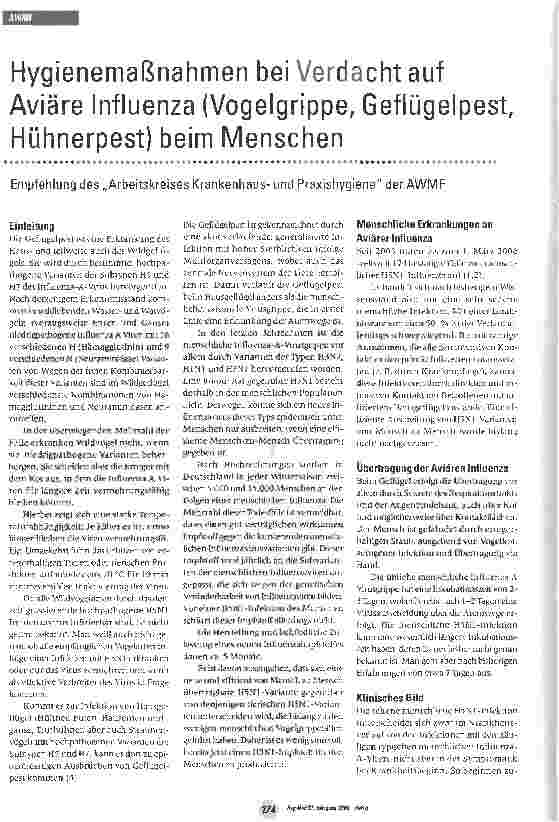 Vorschauseite 1: Hygienemaßnahmen bei Verdacht auf Aviäre Influenza (Vogelgrippe, Geflügelpest, Hühnerpest) beim MenschenEmpfehlung des Arbeitskreises Krankenhausund Praxishygiene der AWMF