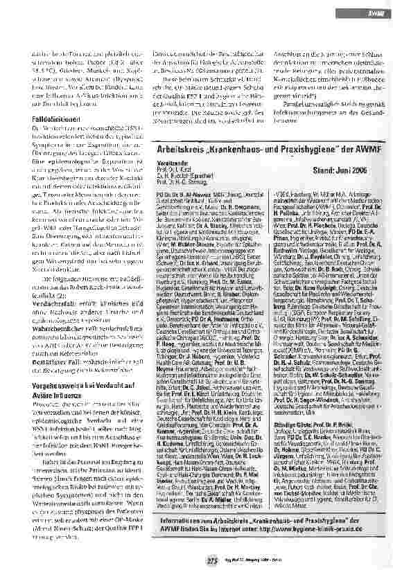 Vorschauseite 2: Hygienemaßnahmen bei Verdacht auf Aviäre Influenza (Vogelgrippe, Geflügelpest, Hühnerpest) beim MenschenEmpfehlung des Arbeitskreises Krankenhausund Praxishygiene der AWMF