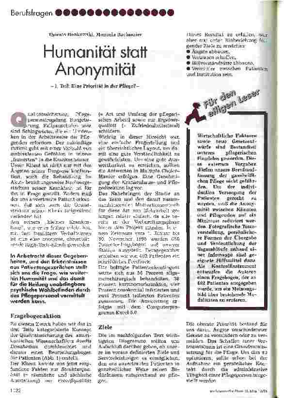 Vorschauseite 1: Humanität statt Anonymität - 1. Teil: Eine Priorität der Pflege? -