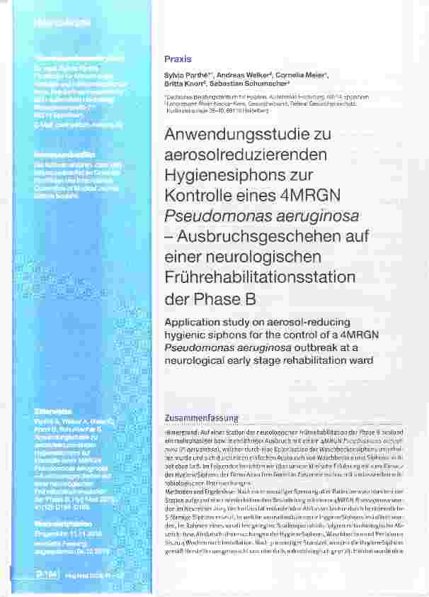 Vorschauseite 1: Anwendungsstudie zu aerosolreduzierenden Hygienesiphons zur Kontrolle eines 4MRGN Pseudomonas aeruginosa Ausbruchsgeschehen auf einer neurologischen Frührehabilitationsstation der…