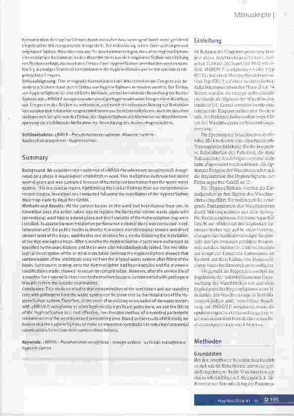 Vorschauseite 2: Anwendungsstudie zu aerosolreduzierenden Hygienesiphons zur Kontrolle eines 4MRGN Pseudomonas aeruginosa Ausbruchsgeschehen auf einer neurologischen Frührehabilitationsstation der…