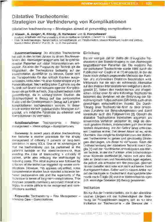 Vorschauseite 1: Dilatative Tracheotomie;Strategien zur Verhinderung von Komplikationen