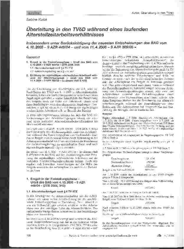 Vorschauseite 1: Überleitung in den TVöD während eines laufenden Altersteilzeitarbeitsverhältnisses