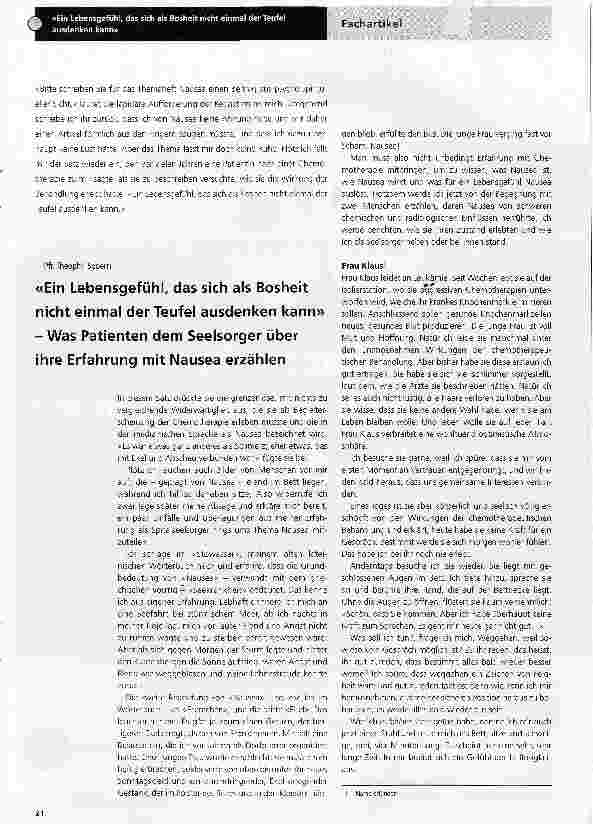 Vorschauseite 1: Ein Lebensgefühl, das sich als Bosheit nicht einmal der Teufel ausdenken kann - Was Patienten dem Seelsorger über ihre Erfahrung mit Nausea erzählen
